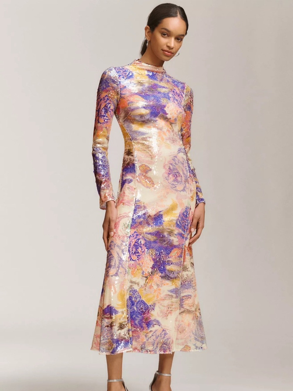 BHLDN Purple and Cream Sequin Floral Long-Sleeve Midi Dress